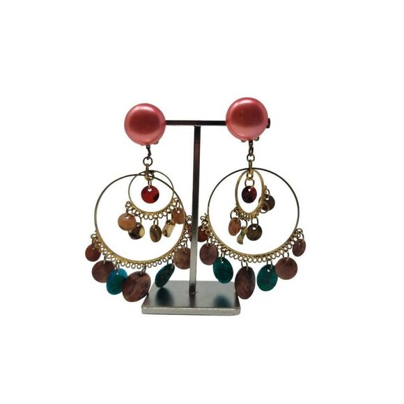 Vintage Pink Multi-Stone Hoop Dangle Clip-On Earrings | Statement Boho Jewelry - Picture 1 of 5
